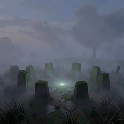 Mossy standing stones arranged in a circle on a fog-drenched moor at twilight, f