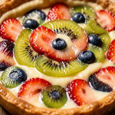 A fruit tart from above: concentric circles of thinly sliced kiwi, strawberry, a