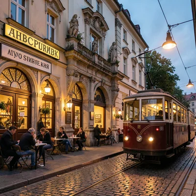 Habsburg café warmth surviving in Lviv, Ukraine, tram passing ornate theater ent