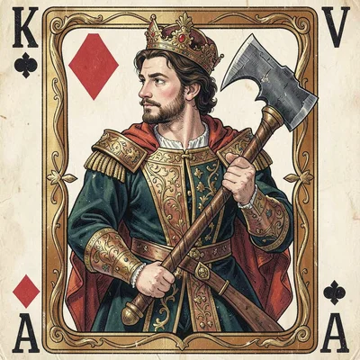 Playing card face illustration, Jack of Diamonds, young noble in profile with ax