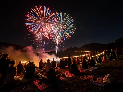 Crowd watching fireworks from blankets on hillside, silhouettes, warm tones