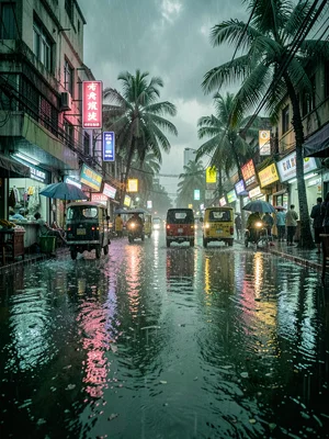 Mumbai Street Puddle Neon Reflections at Dusk