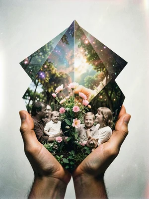 Hands holding flowers merged with family photograph, layered exposure