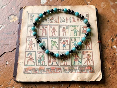 Turquoise and obsidian beaded necklace flat-lay on warm stone surface