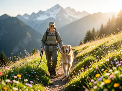 Dog and owner hiking up a wildflower-covered trail, mountain backdrop, spring da
