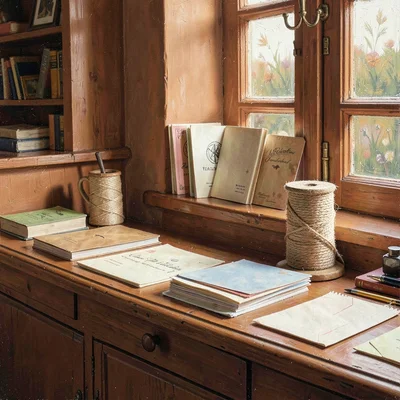 Warm painting of a stationer's counter with cards, envelopes and a twine spool, 
