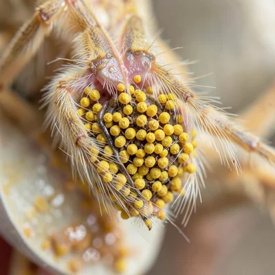 Bee leg pollen basket under stereo microscope, corbicular load of yellow pollen 