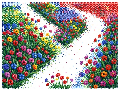 Flower garden bed — each species a distinct dot palette, paths left as white gro