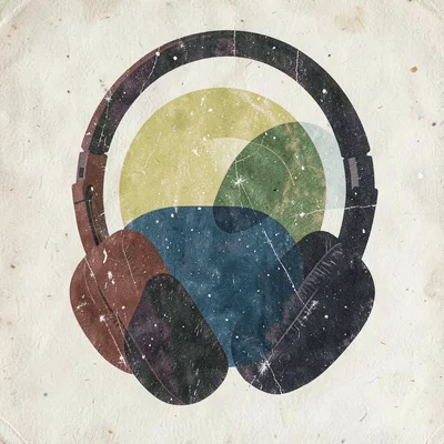 Screenprint of stacked headphone silhouettes overlapping in three colors with gr