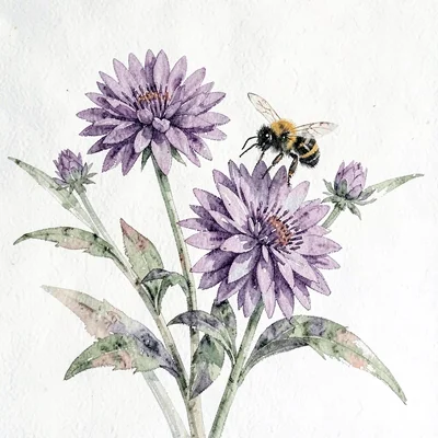 Botanical gouache of asters in autumn purple with a bumblebee