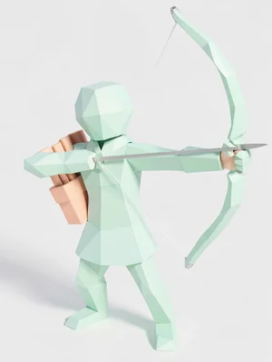 Quivered cream lowpoly archer character drawing a faceted mint bow with peach qu