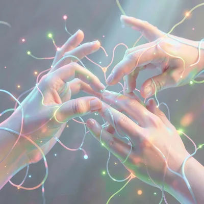 Neural network style illustration, hands creating from nothing , diffusion model