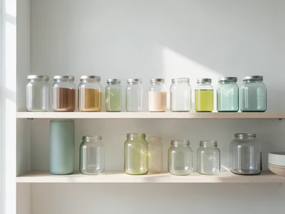 Shelf of glass jars organized by color, spring light streaming in