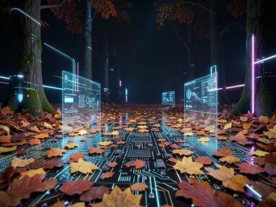 Forest floor covered in fallen leaves that are actually circuit boards, autumn c