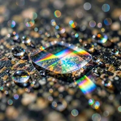 Tight crop of prismatic light dispersed across water droplets on a dark granite 