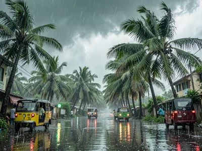 Coconut Palms Bending in Monsoon Wind