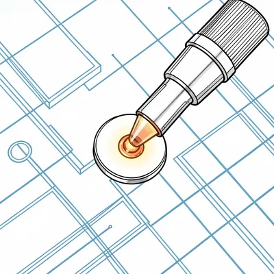 Technical-illustration top-down of a soldering-iron tip touching a single PCB pa
