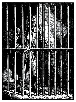 Prison gate as harsh vertical bars, figure standing behind