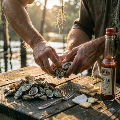 Atmospheric photograph with Louisiana bayou sensibility, Hands shucking oysters 