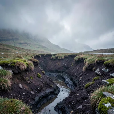 Highland atmospheric mist, Skye grey-green-purple, Peat cutting exposed in earth