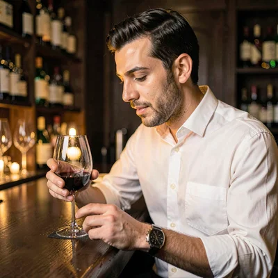 Lamp-lit portrait of a student sommelier studying a glass at the tasting bar, wa