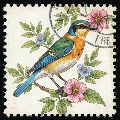 Postage stamp illustration, State bird and flower combination , tiny perfect com