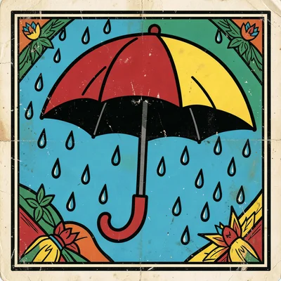 Mexican lotería card illustration, an umbrella with rain drops bouncing off , bo