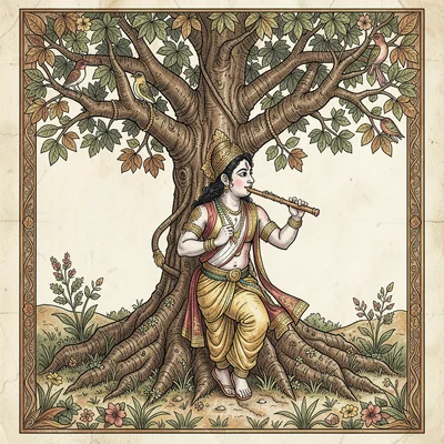 Kalamkari pen illustration, krishna playing flute under the banyan tree , hand-d