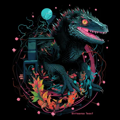 Black tee design detail stern EcoGodzilla hugging cur
