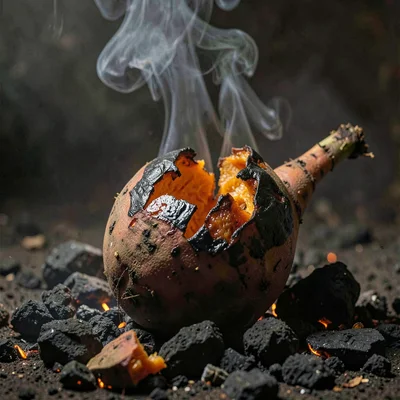 Dense atmospheric mist, rich earthy textures, Sweet potatoes roasting in ash, th