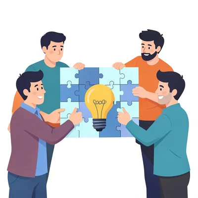 A puzzle coming together with four people each holding a piece, the nearly-compl
