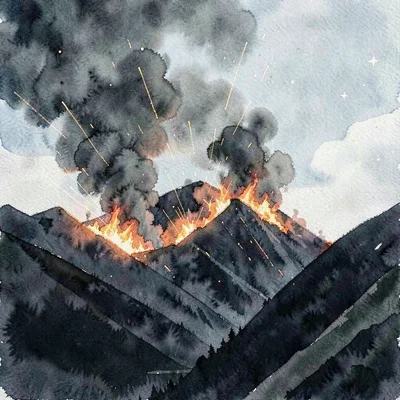 Distant mountain ridge engulfed in a wall of fire seen across a dark valley, spa