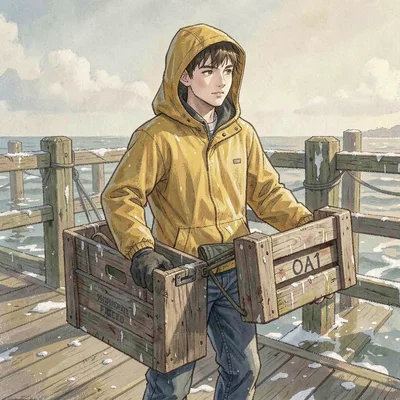 Painterly character-tile of a teenage boy in a yellow rain slicker carrying a ba