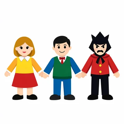 Block-color top-down of a puppet family — narrator, hero, villain — in a tidy li