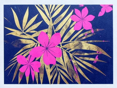 Risograph print of tropical leaves in metallic gold ink on navy paper, second pa