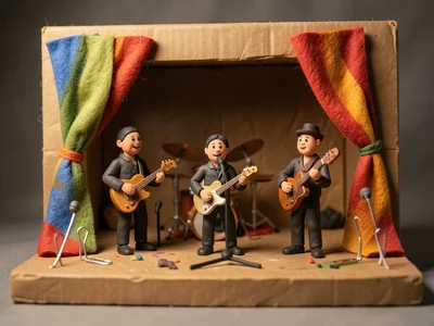 A clay rock band on a stage made of cardboard, tiny clay instruments, felt curta