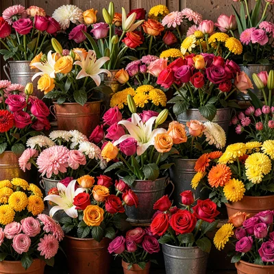 Densely layered composition, rich saturated colors, Florist cooler packed with b