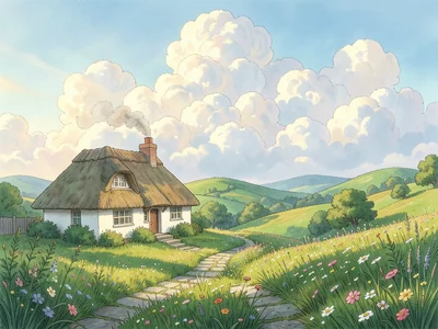 Thatched white cottage on a green hillside with smoke curling from the chimney, 