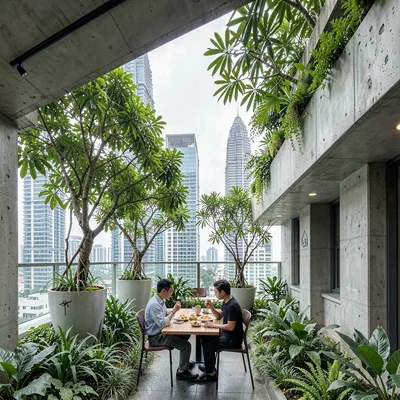Singapore tropical modernism, green claiming grey, Office worker eating lunch on
