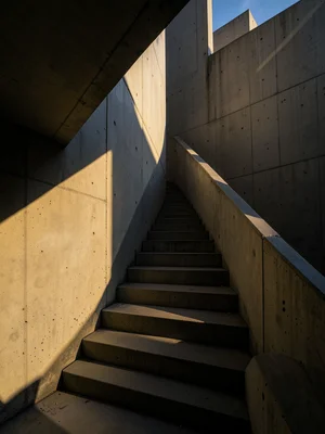Brutalist concrete staircase with dramatic angular shadows, late afternoon sun