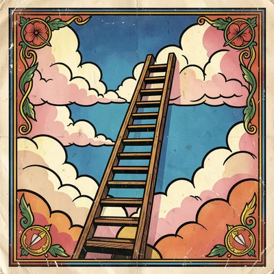 Mexican lotería card illustration, a ladder reaching up toward the clouds , bold