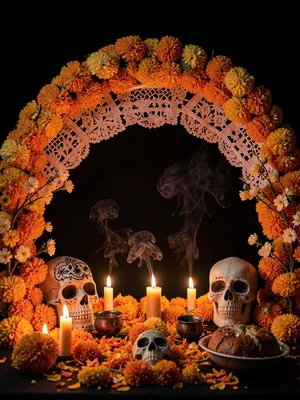 Marigold arch framing the ofrenda