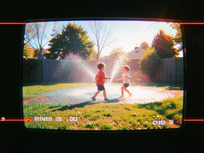 Paused VHS frame of children running through sprinkler, spring backyard