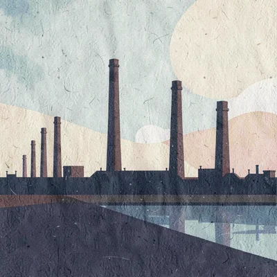 Riso landscape banner of a horizon line of factory chimneys, four-color riso
