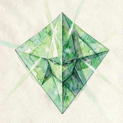 Bright peridot lowpoly kite shield with a tall faceted face and sharp central ri