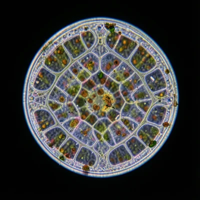 Diatom frustule under dark-field, single-celled glass architecture, intricate si