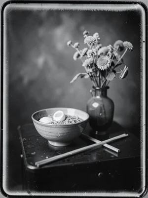 Instant ramen in a ceramic bowl with a single boiled egg, chopsticks, and a vase