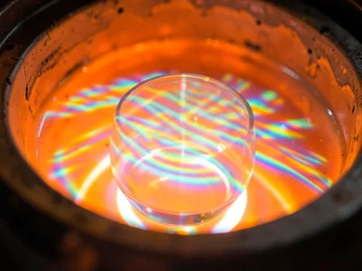 Molten glass in glory hole furnace, interior glowing orange-white with glass ves