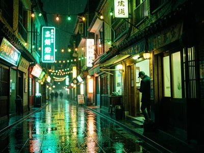 Temple Bar at night in the rain, strings of lights reflected in every wet surfac