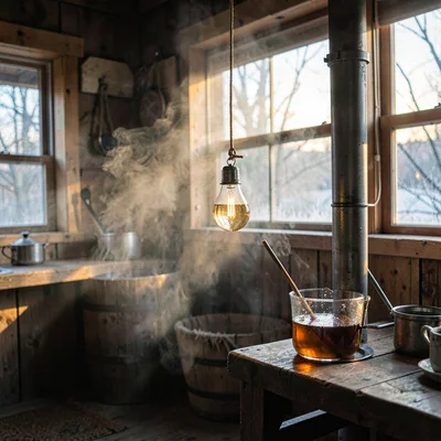 inside a Vermont sugar shack at frosty dawn, evaporator steam rising into beams,